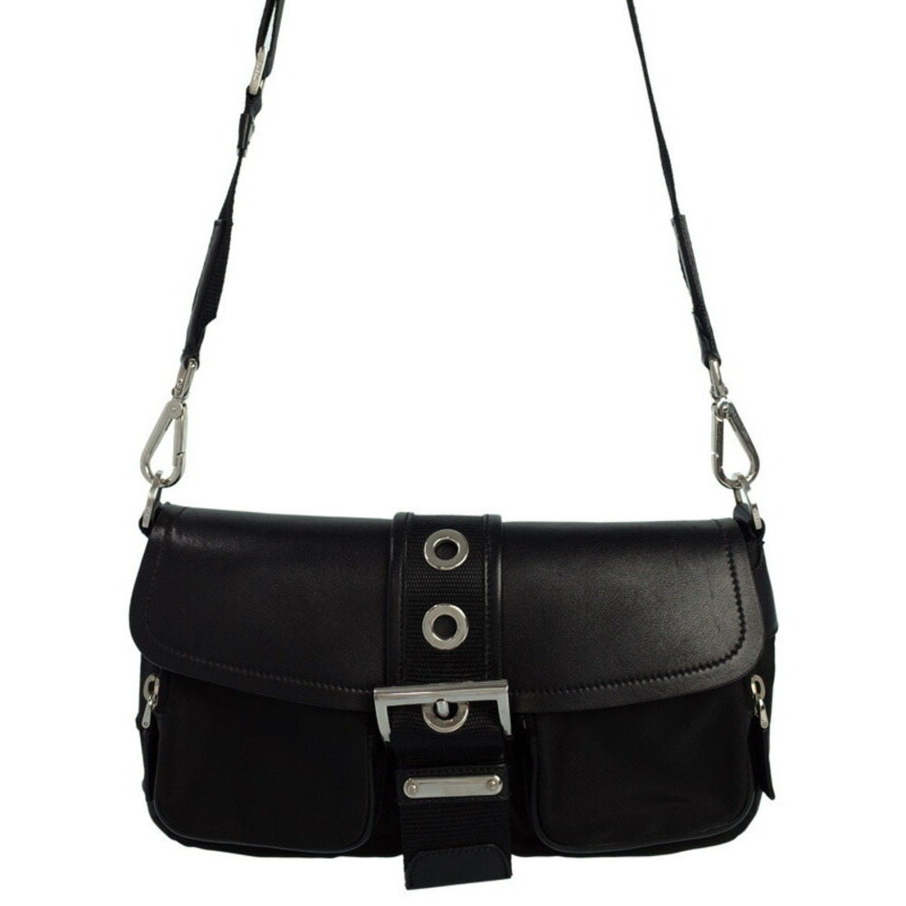 Prada Tessuto Leather Double Pocket Buckle Flap Shoulder Bag Black